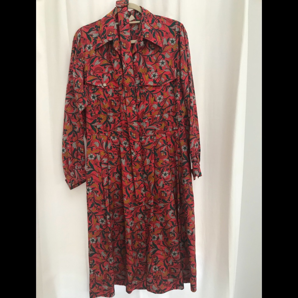 Vintage Printemps red print midi shirt dress, L